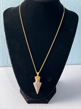 Stone Arrowhead Pendant Necklace Gold Tone Chain Boho Rustic Primitive Style